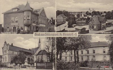 U góry po lewej Restauracja Karla Olexa z widoczną stacją benzynową, po lewej stacja kolejki wąskotorowej i ulica dworcowa z lotu ptaka. U dołu po lewej szpital i pomnik mieszkańców poległych w I wojnie światowej , po prawej zamek .
